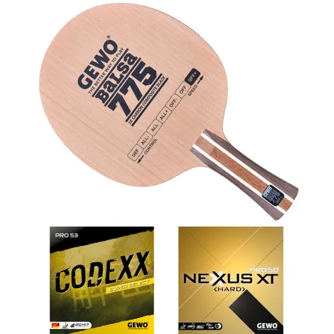 GEWO Schläger: Holz Balsa Carbon 775 mit Codexx Pro53 SupSel + Nexxus XT Pro50 Hard konkav