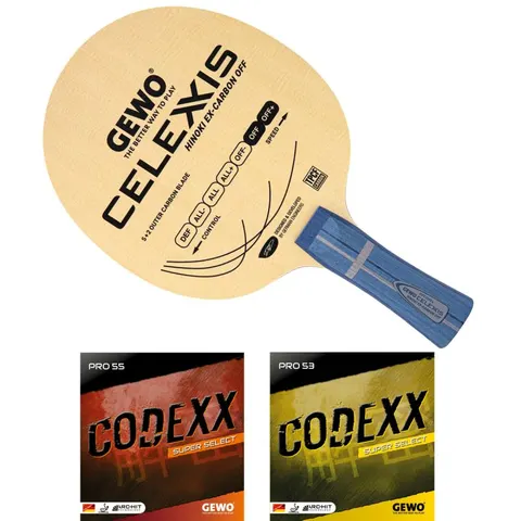 GEWO Schläger: Holz Celexxis Hinoki Ex-Carbon OFF mit Codexx Pro55 + Pro53 SuperSel konkav