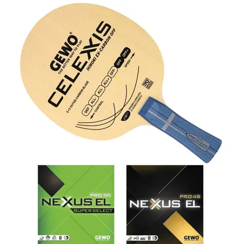 GEWO Schläger: Holz Celexxis Hinoki Ex-Carbon OFF mit Nexxus EL Pro 50 SuperSelect + 48 konkav